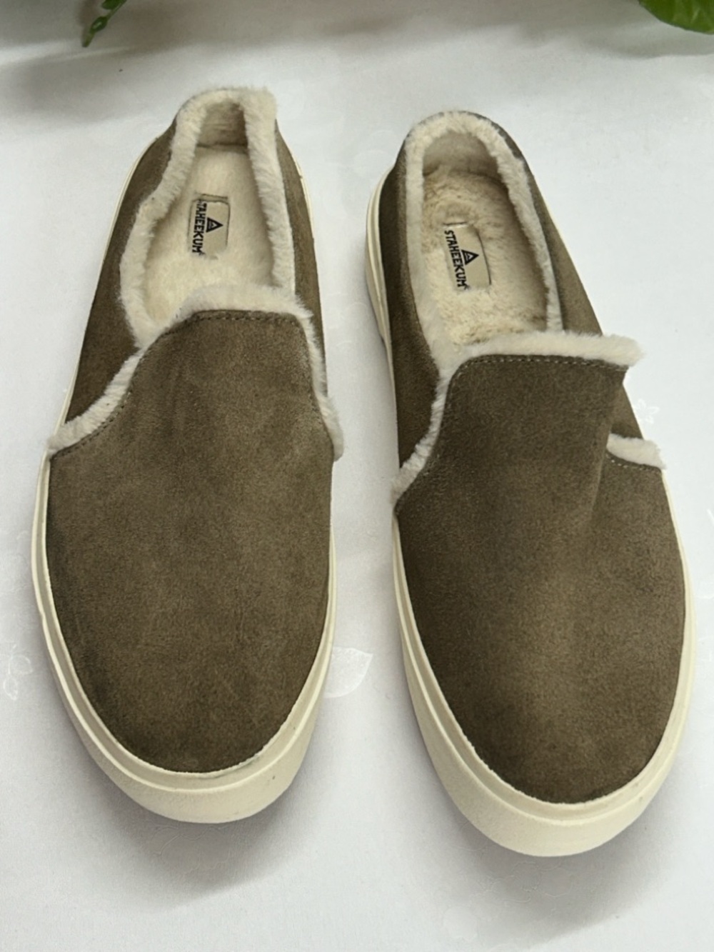 Slip-On Suede Loafers with Shearling Lining in Olive for Women